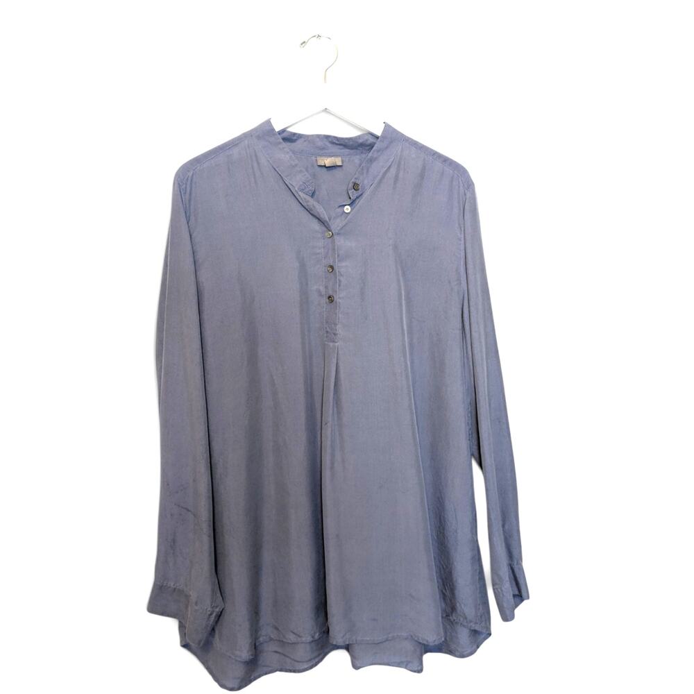 J.JILL 100% Silk Tunic Blue Mottle Wash Easy Fit Band Collar - Size XL